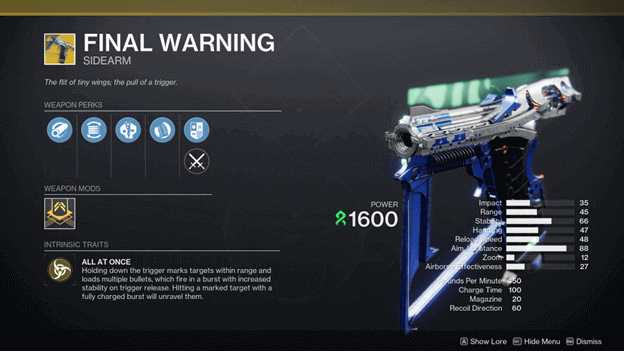 Destiny 2 Final Warning Exotic Sidearm