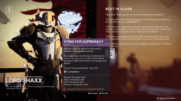 Vying For Supremacy is obtained from Lord Shaxx