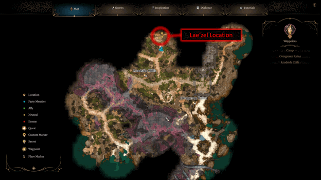 Lae’zel can be found to the north of the Roadside Cliffs