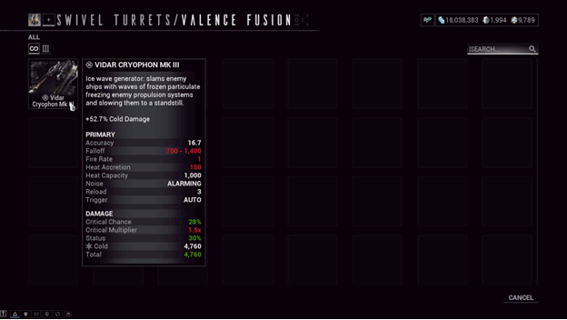Valence Fusion available parts of a weapon