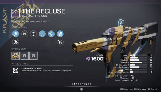 The Recluse (Legendary Submachine Gun) D2